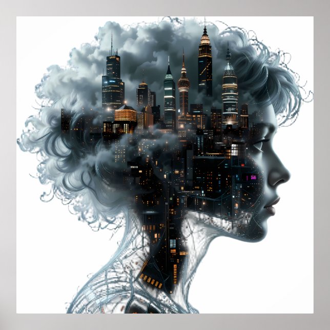 Poster Surreal Mindscape: City within a Woman's Head (Frente)