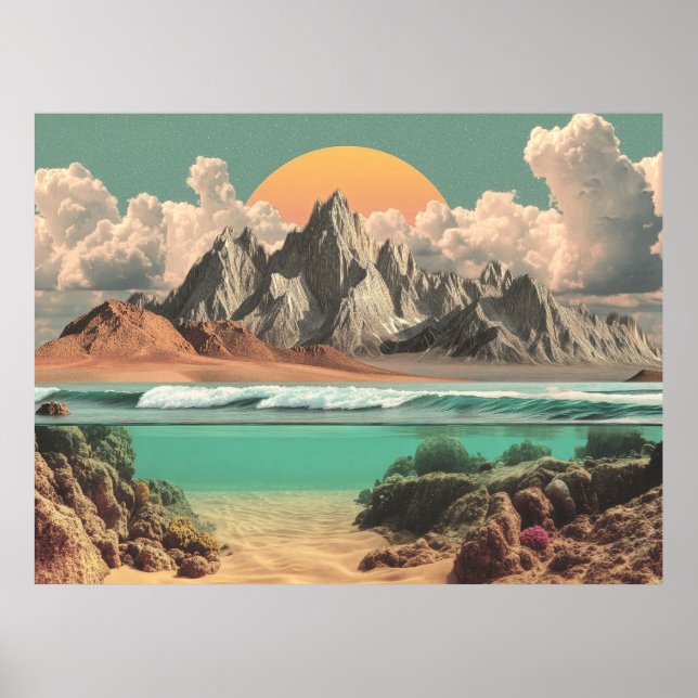 Poster Surreal Ocean and Mountain Landscape with Waves (Frente)