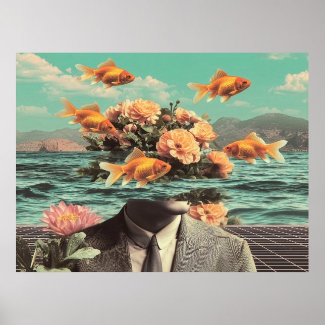 Poster Surreal Portrait With Goldfish Flowers And Ocean (Frente)