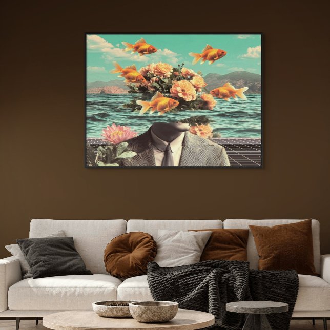 Poster Surreal Portrait With Goldfish Flowers And Ocean (Surreal Portrait With Goldfish Flowers And Ocean)
