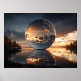 Poster Surreal Reflective Sphere With Sunset Clouds Over 