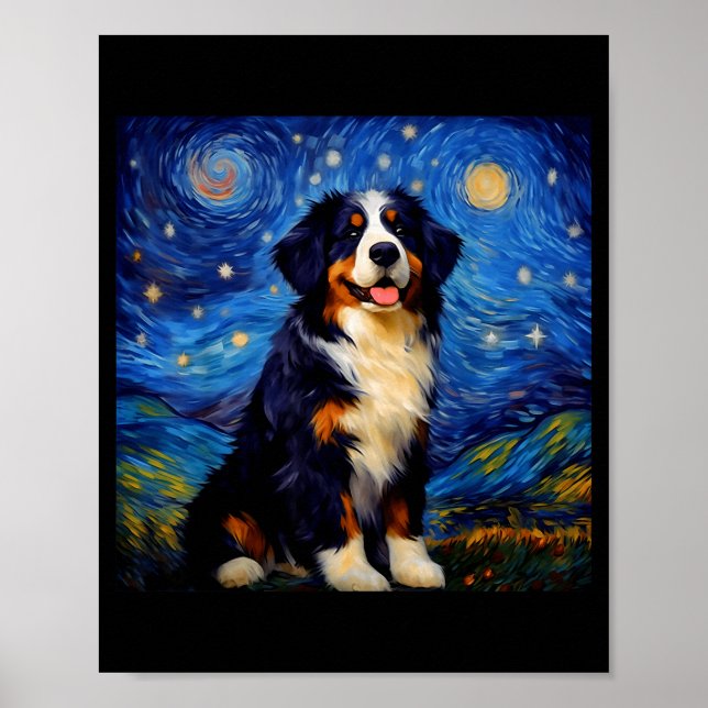 Poster Surreal Starry Night Bernese Mountain Dog  (Frente)
