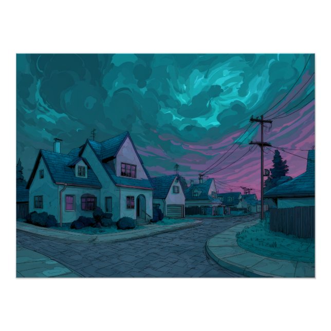 Pôster Surreal Teal Twilight Suburb Scene (Frente)