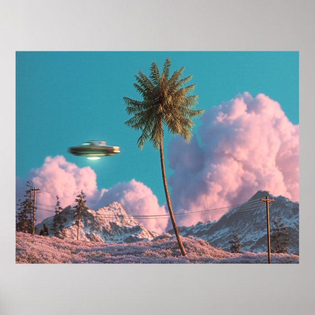 Poster Surreal UFO and Palm Tree Mountain Scene (Frente)