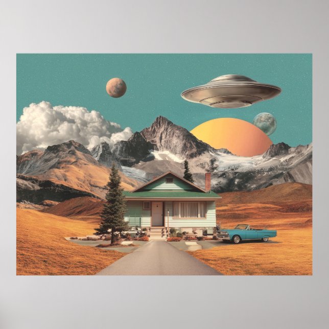 Poster Surreal UFO Over Rustic House (Frente)