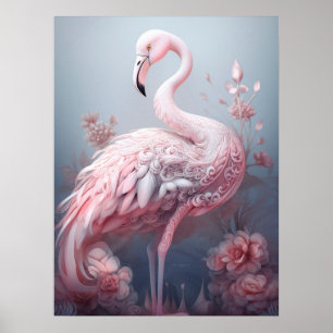 Poster Surrealista Abstrato Bonito Flamingo Rosa no Cinza
