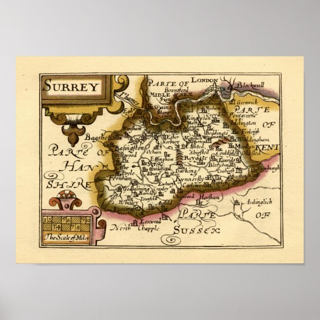 Poster Surrey County England Antigo Mapa Atlas Antiquário (Frente)