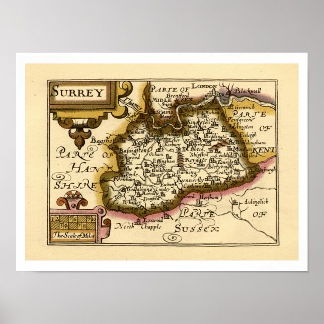 Poster Surrey County England Antigo Mapa Atlas Antiquário (Frente)