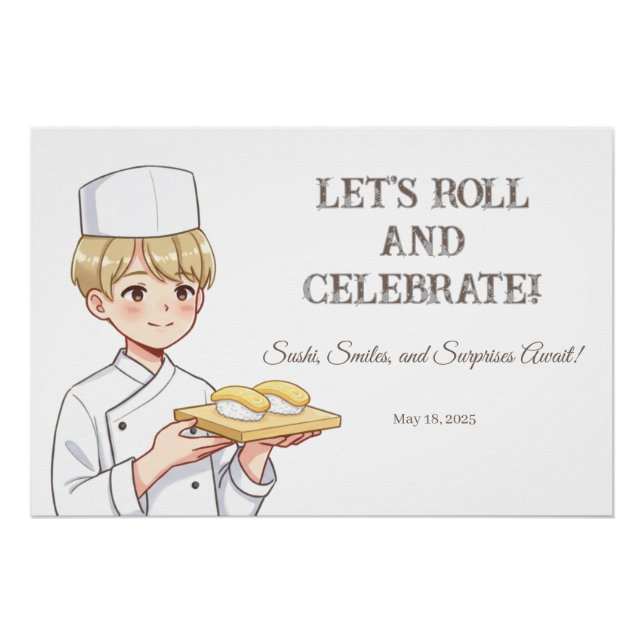 Pôster Sushi Birthday Party Invitation with Cute Anime  (Frente)