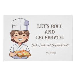 Pôster Sushi Birthday Party Invitation with Cute Anime