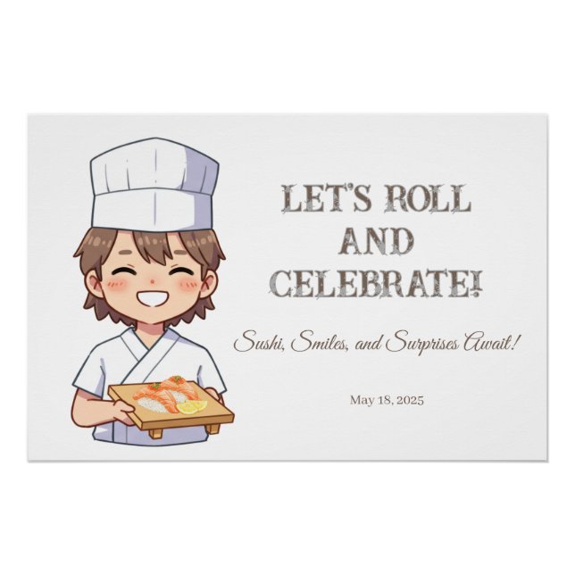 Pôster Sushi Birthday Party Invitation with Cute Anime  (Frente)