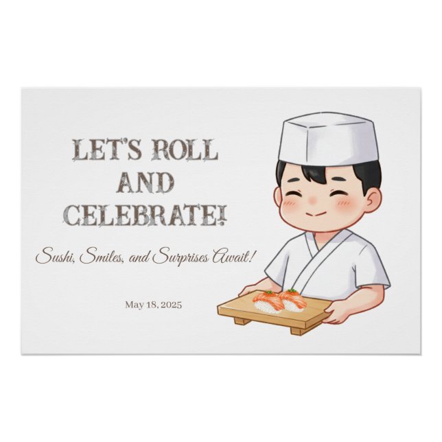 Pôster Sushi Birthday Party Invitation with Cute Anime  (Frente)