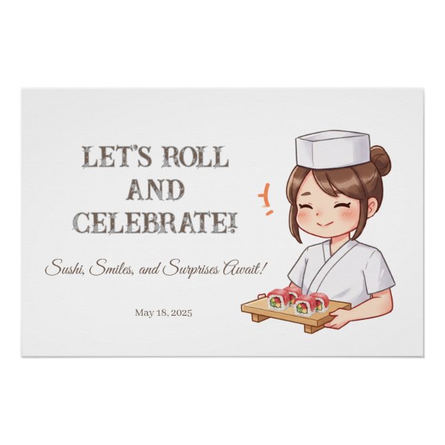 Pôster Sushi Birthday Party Invitation with Cute Anime  (Frente)