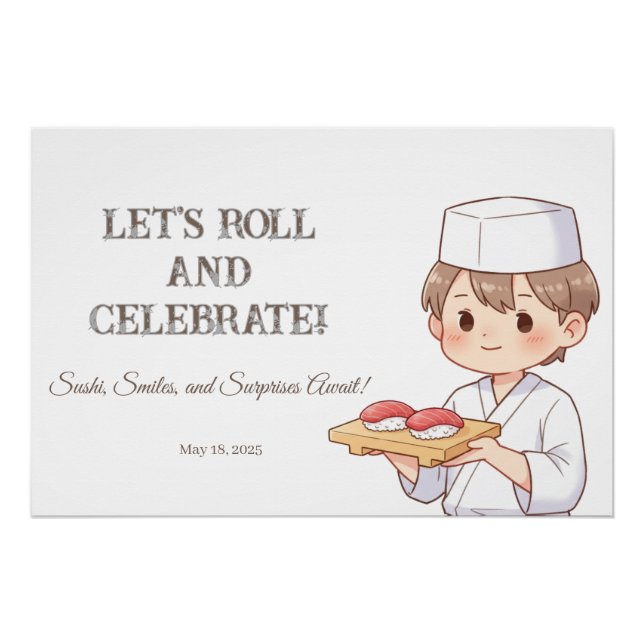 Pôster Sushi Birthday Party Invitation with Cute Anime  (Frente)