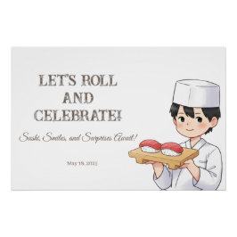 Pôster Sushi Birthday Party Invitation with Cute Anime