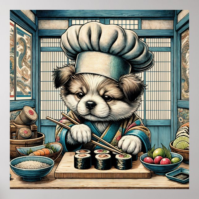 Poster Sushi Chef Puppy Adorável (Frente)