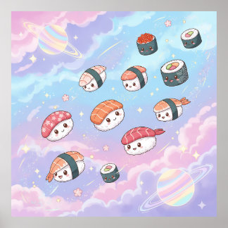 Poster Sushi Flying in Pastel Galaxy Sky