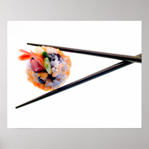 Pôster Sushi Shrimp Roll Black Chopsticks no Japão Branco