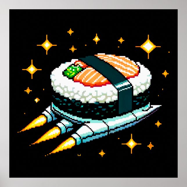 Poster Sushi Spaceship Pixel Art Voando Sushi Roll Design (Frente)