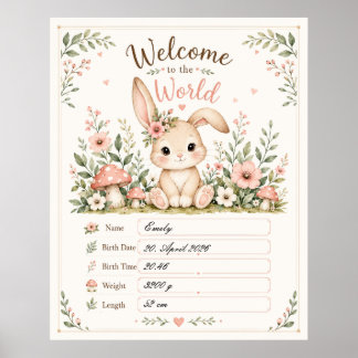 Poster Süßes Baby Hasen Design mit Geburtsdaten Feldern