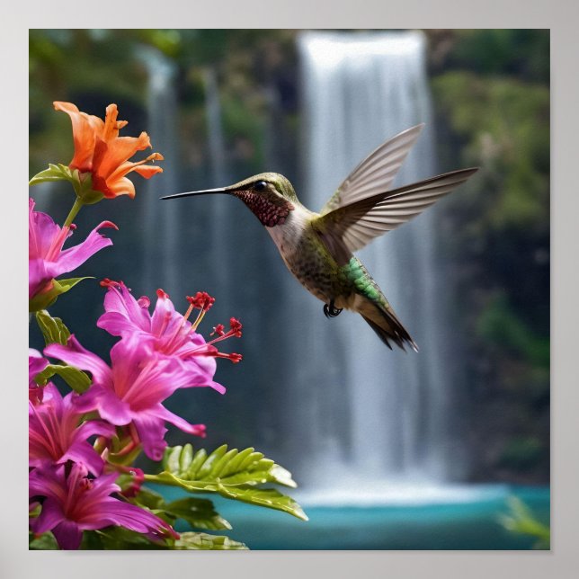 Poster "Sussuros da Natureza: Hummingbird, Cascata (Frente)