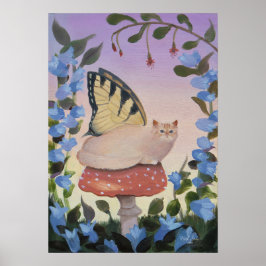 Poster Swallowtail Butterfly Cat on Mushroom Wall Art