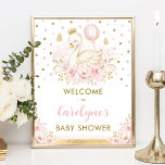 Poster Swan Princess com Balões Rosa Bem-Vindo Menina<br><div class="desc">Esta design feminina mostra uma ilustração de uma princesa cisne bonito cercada por rosas rosa pinceladas e cor d'água lindíssima e confete reluzente dourado</div>
