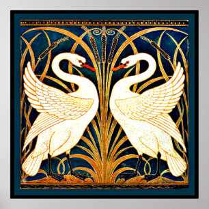Poster Swan, Rush e Iris, pintura de colheita,