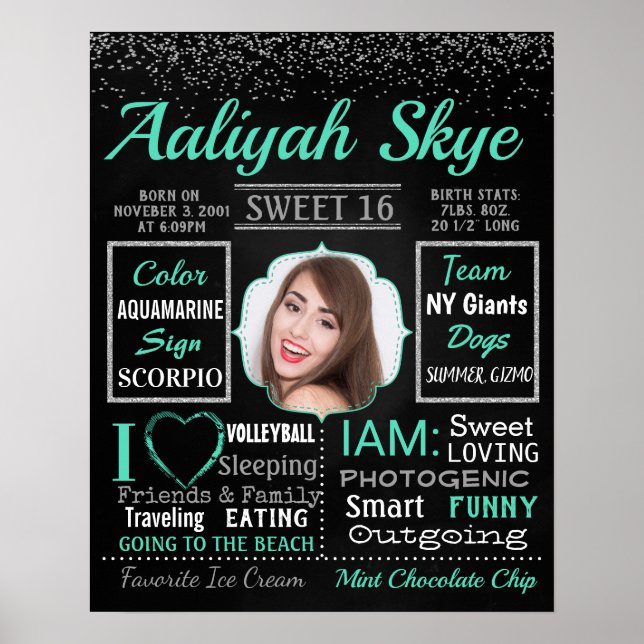 Pôster Sweet 16 Confetti Birthday Chalkboard (Frente)