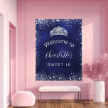 Poster Sweet 16 navy blue silver glitter welcome<br><div class="desc">A welcome board for a girly and glamorous Sweet 16, 16th birthday party. A navy blue background with elegant faux silver dust and a tiara, crown. The blue color is uneven. Personalize and add a name and age. White letters. The name is written with a modern hand lettered style script....</div>