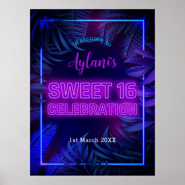 Poster Sweet 16 Neon Glow Festa de aniversário Bem-vindo (Frente)