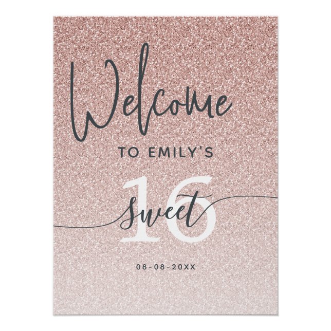 Pôster Sweet 16 Party Pink Glitter Welcome Sign Poster (Frente)