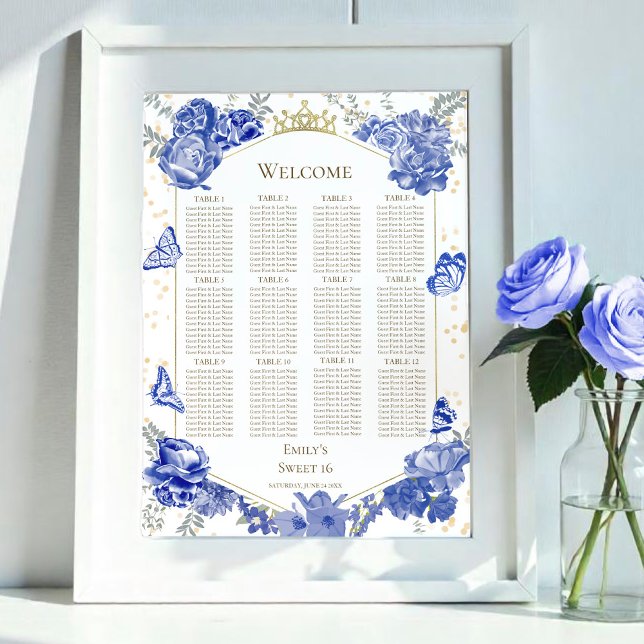 Poster Sweet 16 Seating Chart Sign Blue Butterflys (Criador carregado)