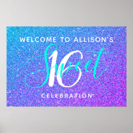 Poster Sweet 16 Teal Purple Glitter Bem-vindo Personaliza