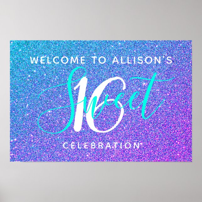 Poster Sweet 16 Teal Purple Glitter Bem-vindo Personaliza (Frente)