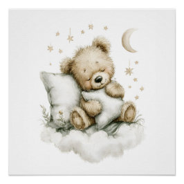 Pôster Sweet baby bear fast asleep on fluffy clouds