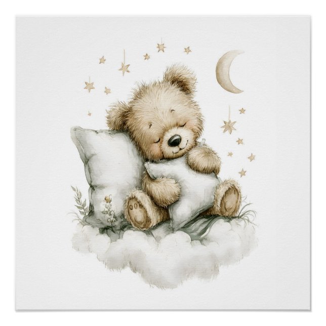 Pôster Sweet baby bear fast asleep on fluffy clouds (Frente)