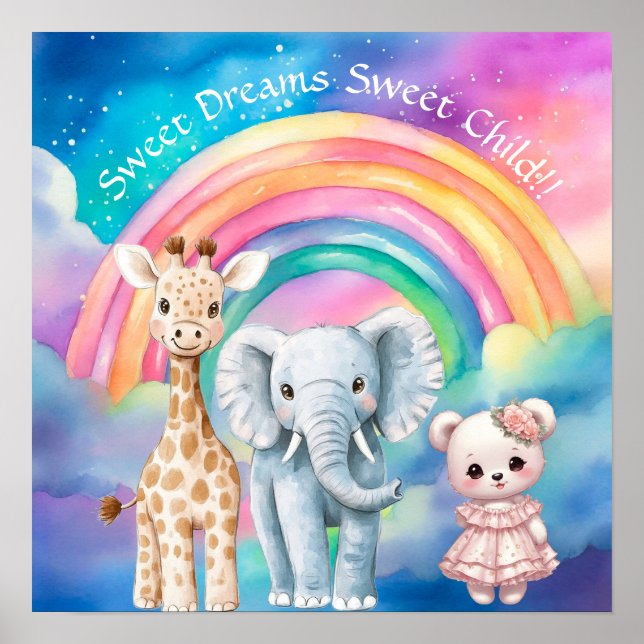 Poster Sweet Dreams Rainbow Elephant & Giraffe Nursery  (Frente)