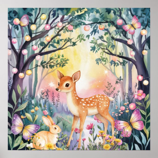 Poster Sweet Dreams Woodland Deer & Rabbits Nursery  (Frente)