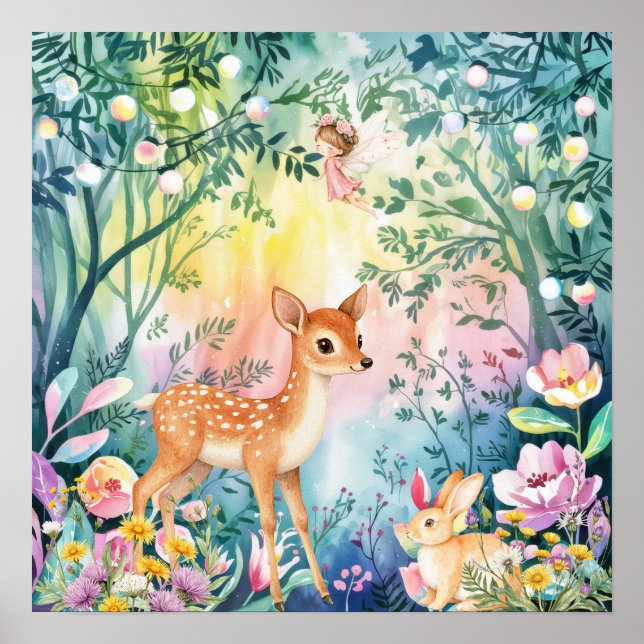 Poster Sweet Dreams Woodland Deer & Rabbits Nursery  (Frente)