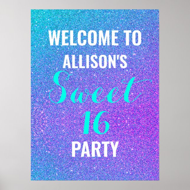 Poster Sweet Sixteen Teal Purple Glitter Welcome Sign (Frente)