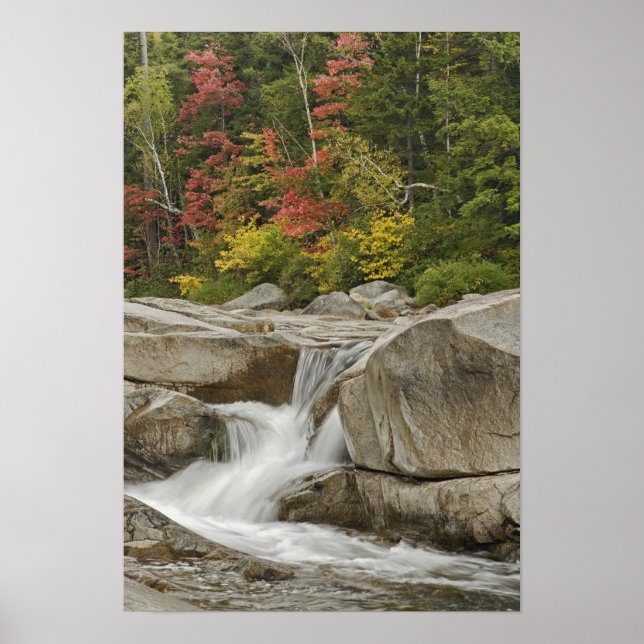 Poster Swift River em cascata através de pedras, White (Frente)