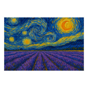 Pôster Swirling Night Sky sobre Campo de Lavanda