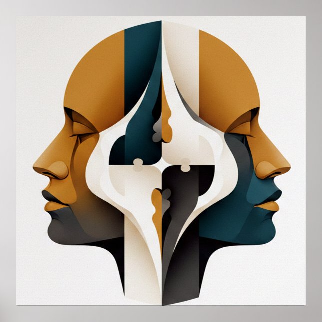 Poster Symmetrical Abstract Portrait in Ochre and Slate (Frente)