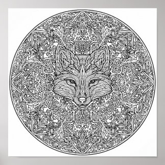 Poster Symmetrical Fox Christmas Mandala Template