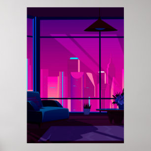 Poster Synthwave Neon City: terraço, cobertura
