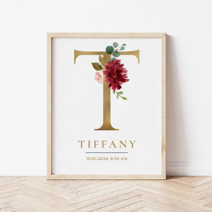 Poster T - Letra Monograma Nome Marsala Floral Nursery