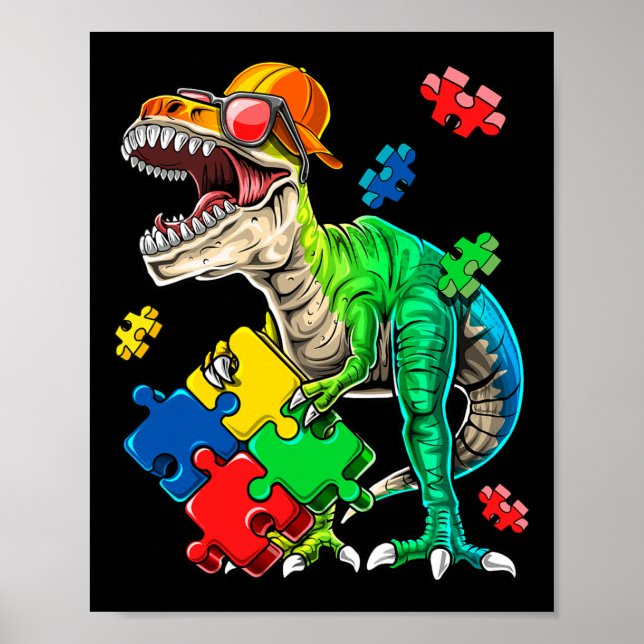 Poster T Rex Dinossaur Autismo Atenção Quebra-cabeça Piec (Frente)