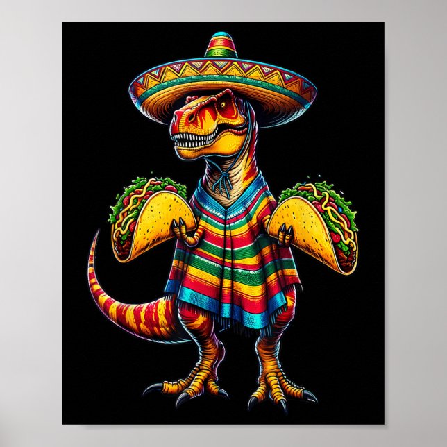 Poster T-rex Dinossaur Taco Cinco do Lago de Mayo Sombrer (Frente)