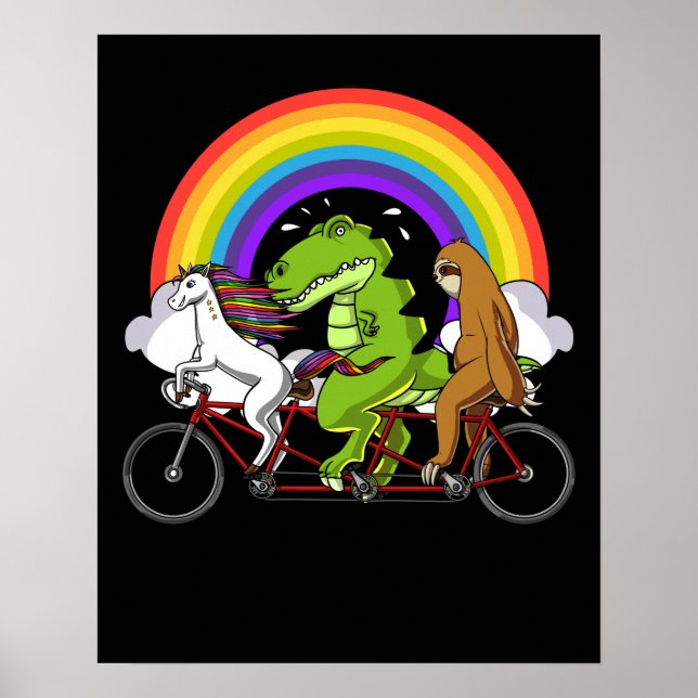 Poster T-Rex Dinossaur Unicorn Lama Em Bicicleta Arco-Íri (Frente)